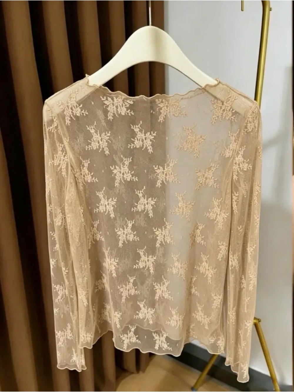 Sheer Embroidered Long-Sleeve Top in Cream